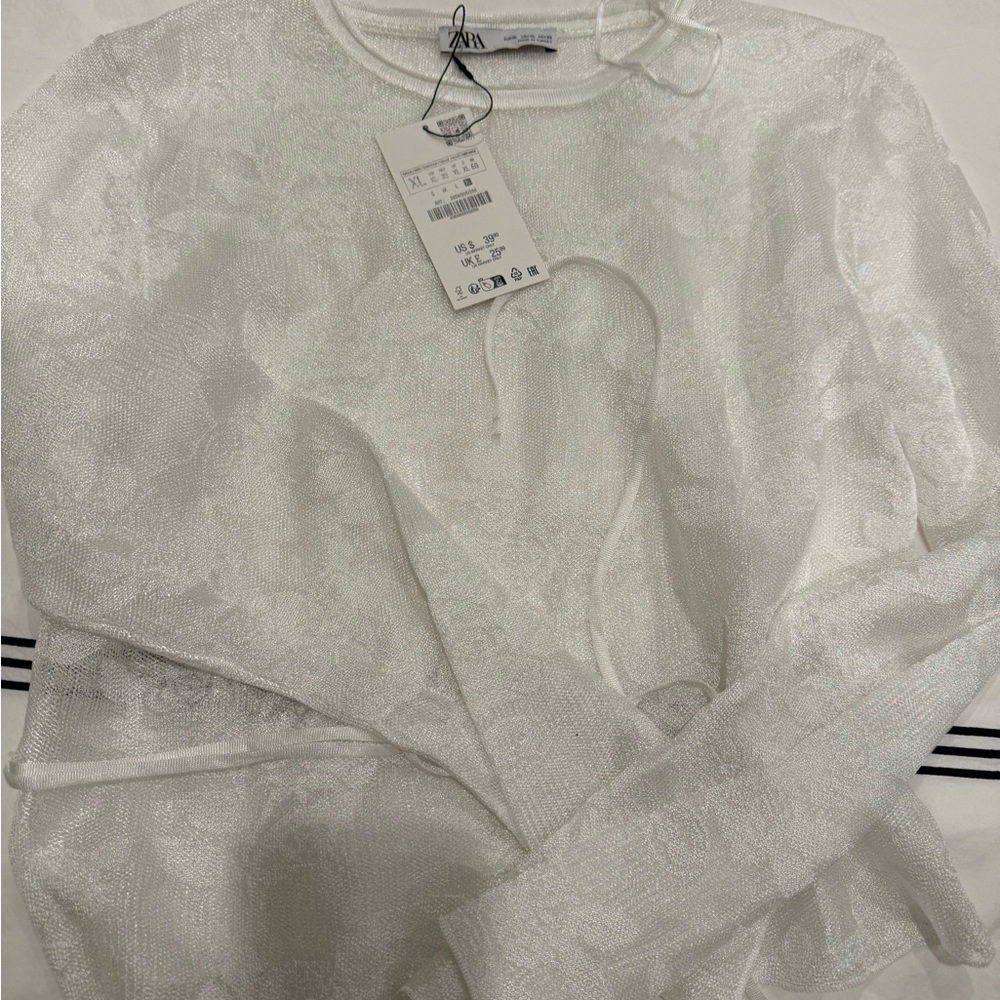 Zara Mesh-Style Floral  White Long Sleeve Top with belt